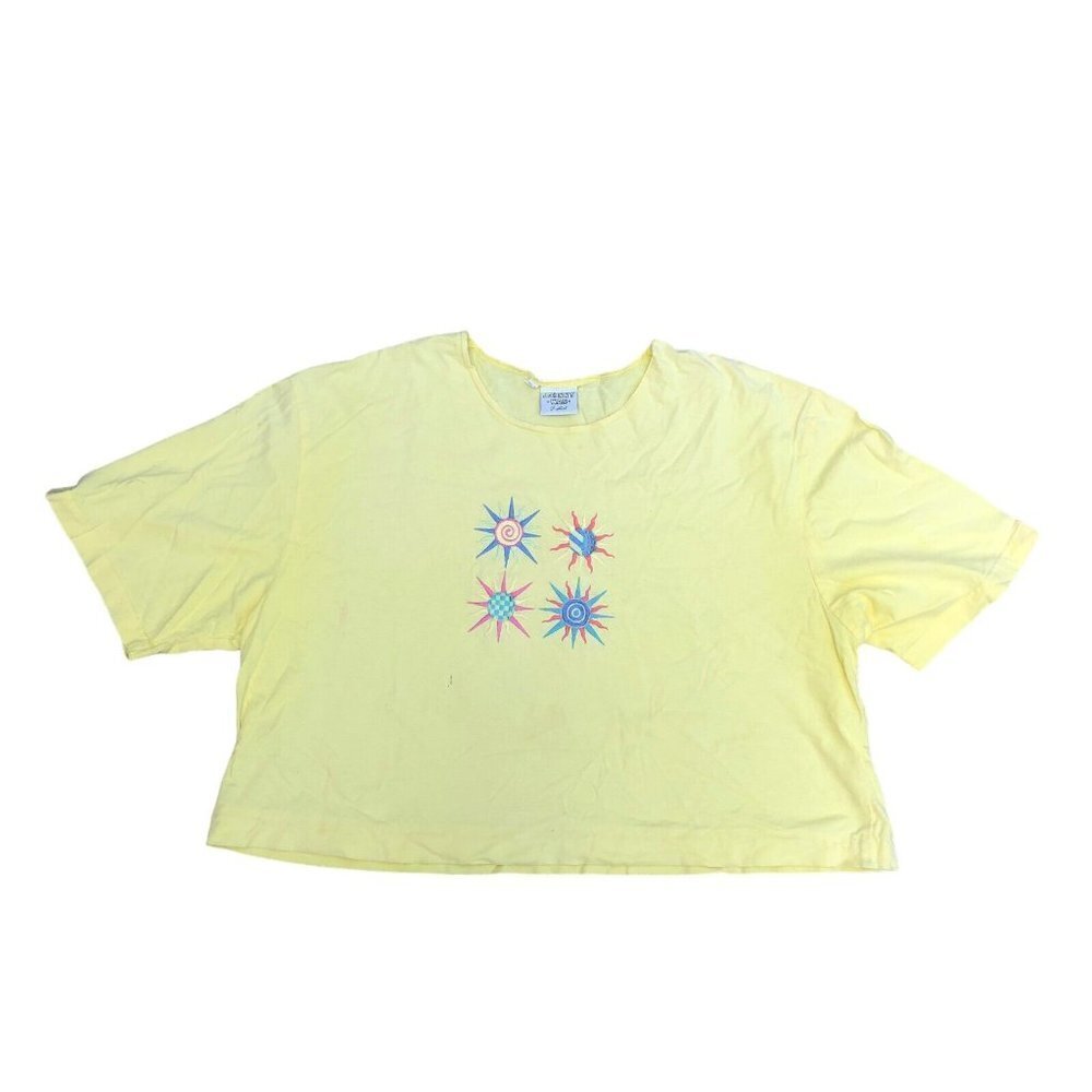 Vintage JOHNNY WAS Boho T Shirt Women's Large Crop Top Yellow Embroidered Yellow